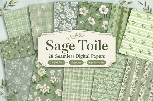Download Sage Toile Digital Paper Pack, Vintage - Paper pack Collection